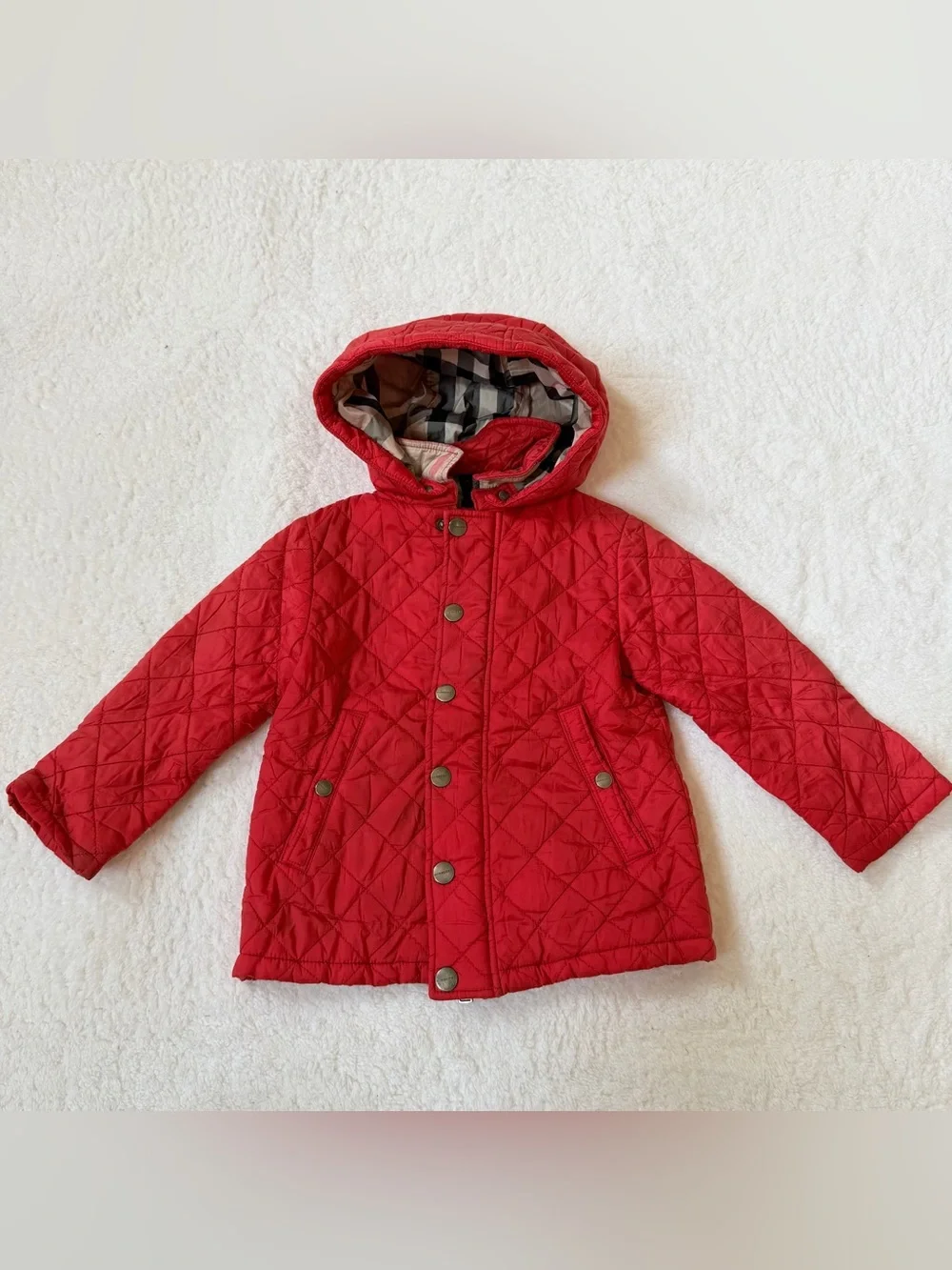 Burberry Toddler Girls Puffer Jacket 2T Nova Check Berry Red Horse Hooded Kids